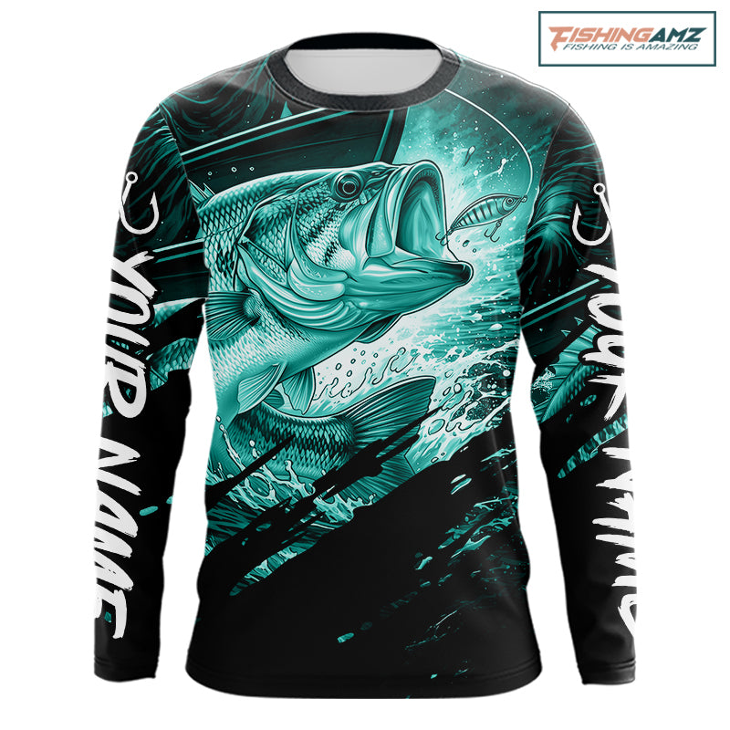 Personalized Largemouth Bass Fishing Shirts Long Sleeve, Bass Tournament Fishing Jerseys | Turquoise NBT764