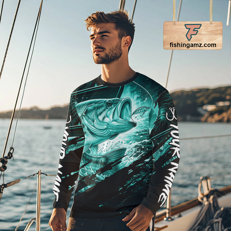 Personalized Largemouth Bass Fishing Shirts Long Sleeve, Bass Tournament Fishing Jerseys | Turquoise NBT764