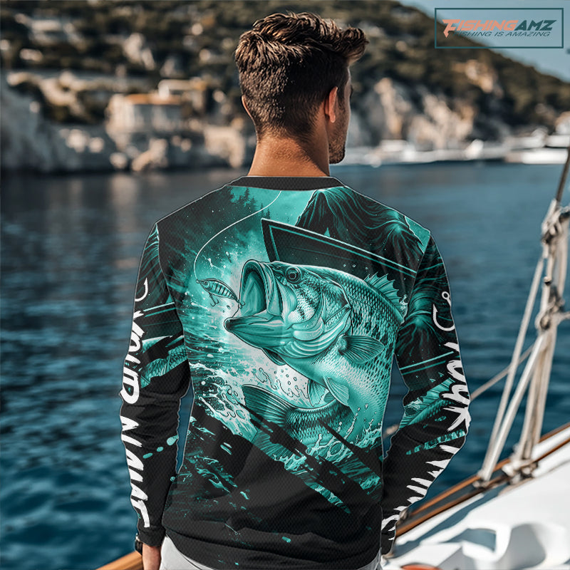 Personalized Largemouth Bass Fishing Shirts Long Sleeve, Bass Tournament Fishing Jerseys | Turquoise NBT764