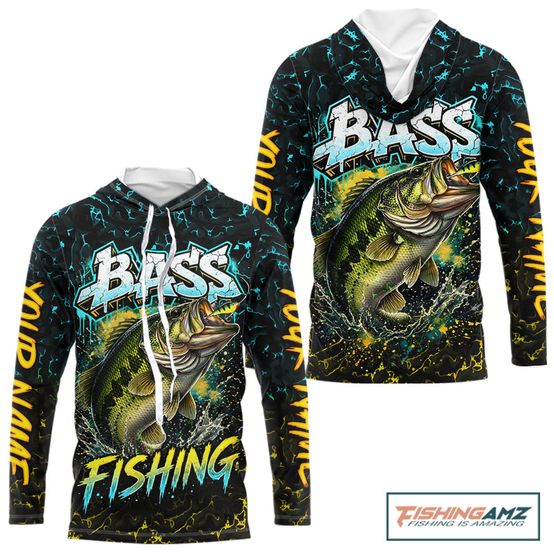 Personalized Neon Color Bass Long Sleeve Hooded Shirts, Largemouth Bass Fishing Jerseys For Men NBT668