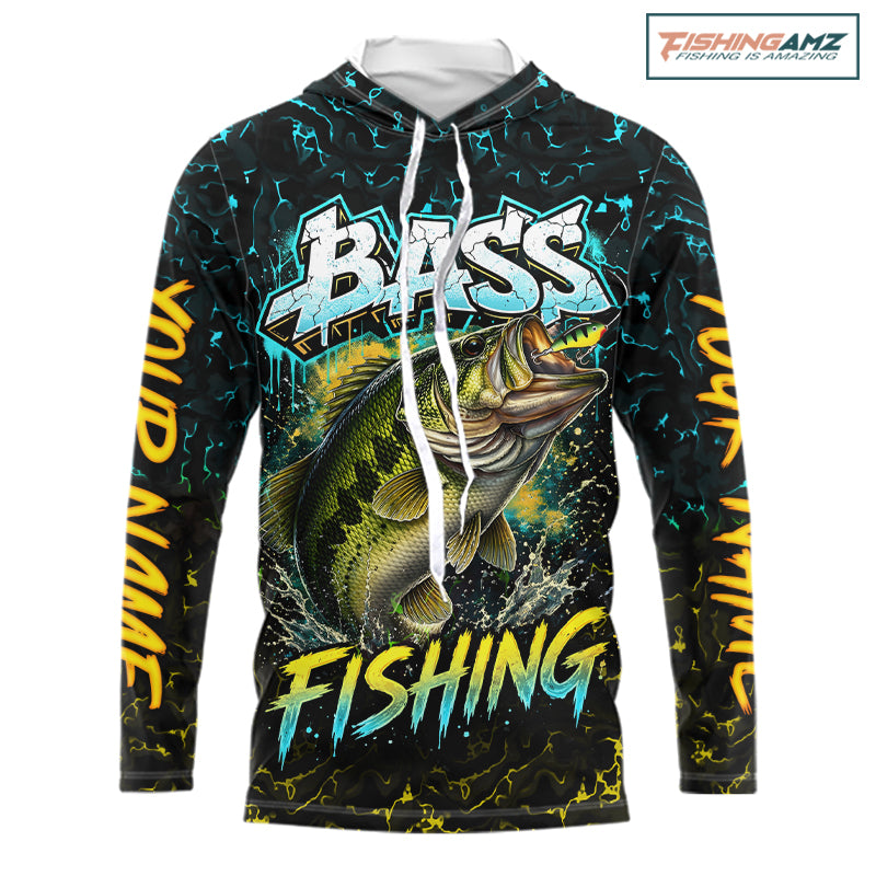 Personalized Neon Color Bass Long Sleeve Hooded Shirts, Largemouth Bass Fishing Jerseys For Men NBT668