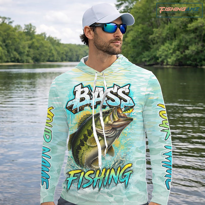 Personalized Bass Long Sleeve Hooded Shirts, Largemouth Bass Fishing Jerseys For Men NBT669