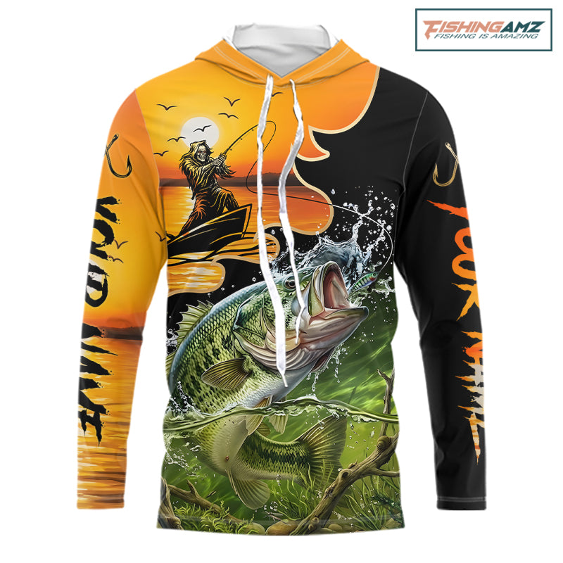 Personalized Fish Reaper Sunset Design Largemouth Bass Long Sleeve Hooded Shirts NBT673
