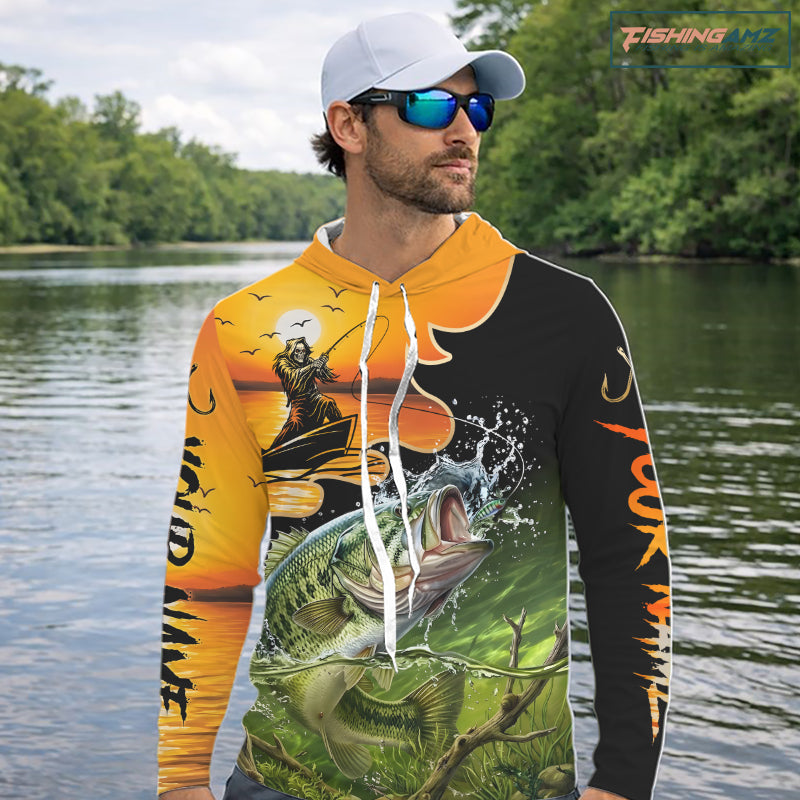 Personalized Fish Reaper Sunset Design Largemouth Bass Long Sleeve Hooded Shirts NBT673