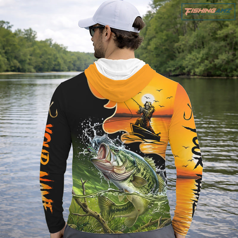 Personalized Fish Reaper Sunset Design Largemouth Bass Long Sleeve Hooded Shirts NBT673