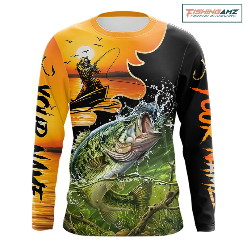 Personalized Fish Reaper Sunset Design Largemouth Bass Fishing Shirts Long Sleeve NBT673