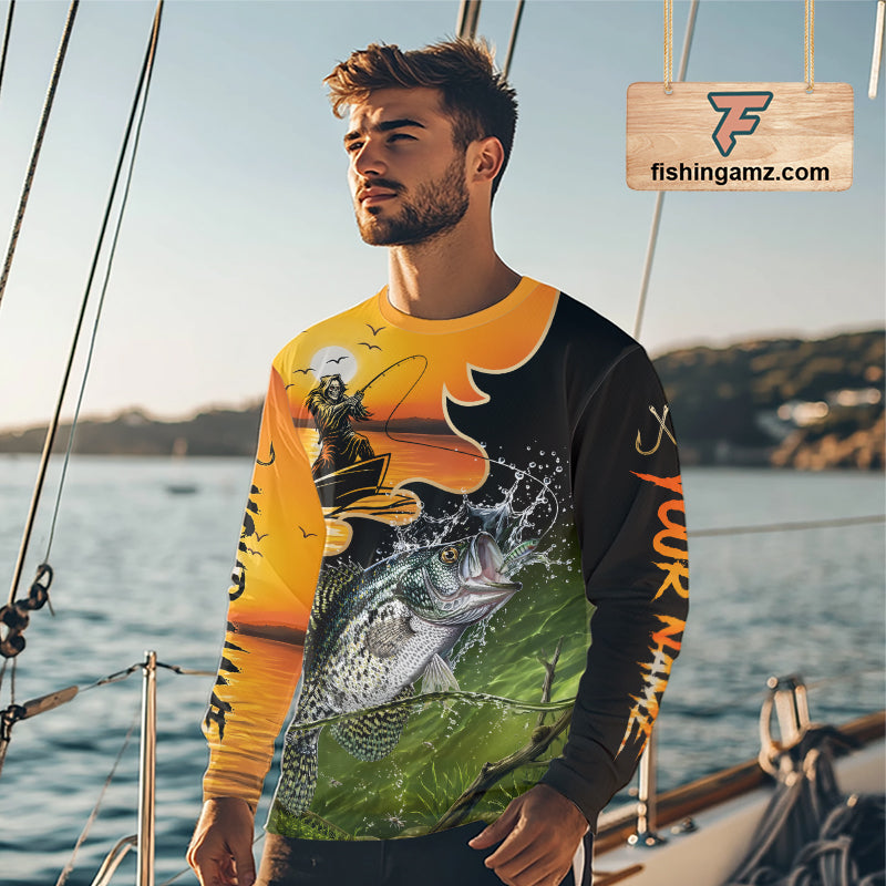 Personalized Fish Reaper Sunset Design Crappie Fishing Shirts Long Sleeve NBT674