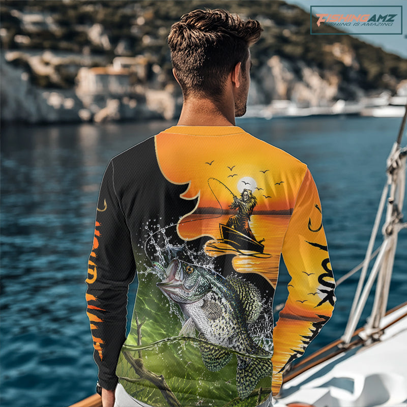Personalized Fish Reaper Sunset Design Crappie Fishing Shirts Long Sleeve NBT674