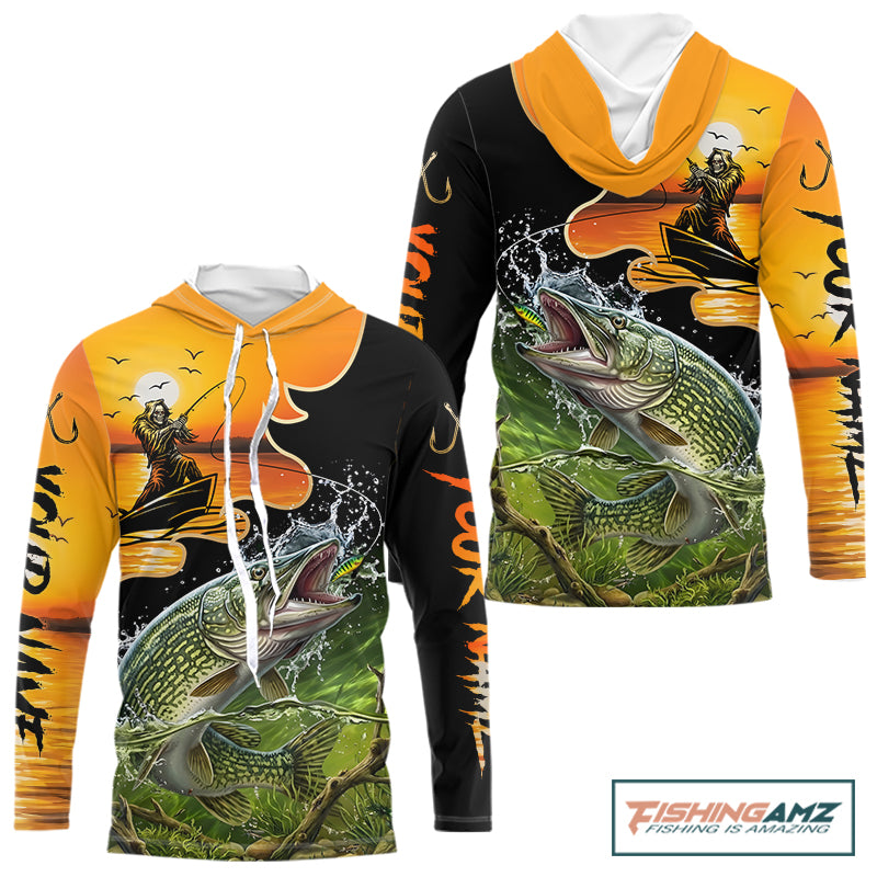 Personalized Fish Reaper Sunset Design Northern Pike Long Sleeve Hooded Shirts NBT675