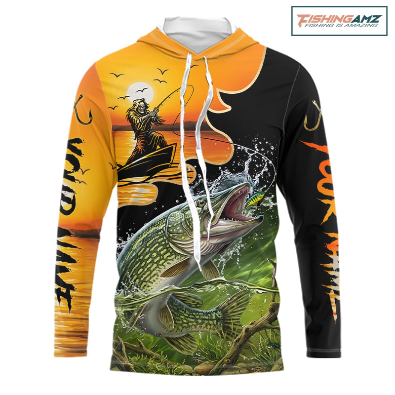 Personalized Fish Reaper Sunset Design Northern Pike Long Sleeve Hooded Shirts NBT675