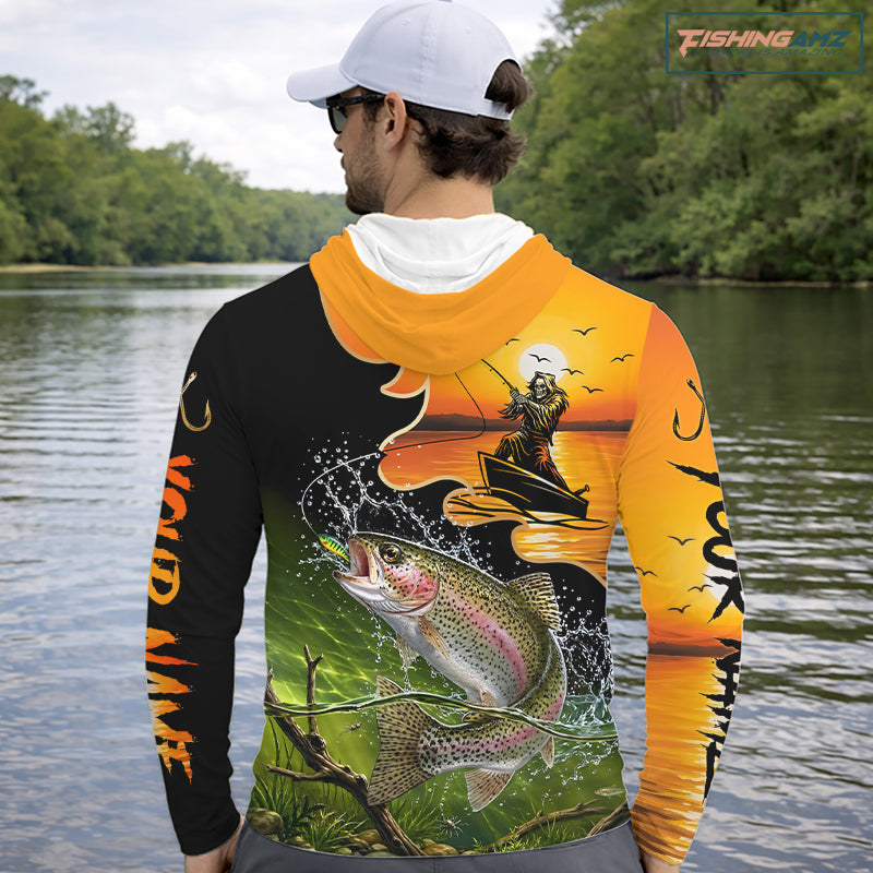 Personalized Fish Reaper Sunset Design Rainbow Trout Long Sleeve Hooded Shirts NBT676