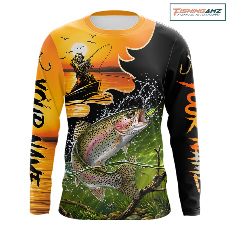 Personalized Fish Reaper Sunset Design Rainbow Trout Fishing Shirts Long Sleeve NBT676