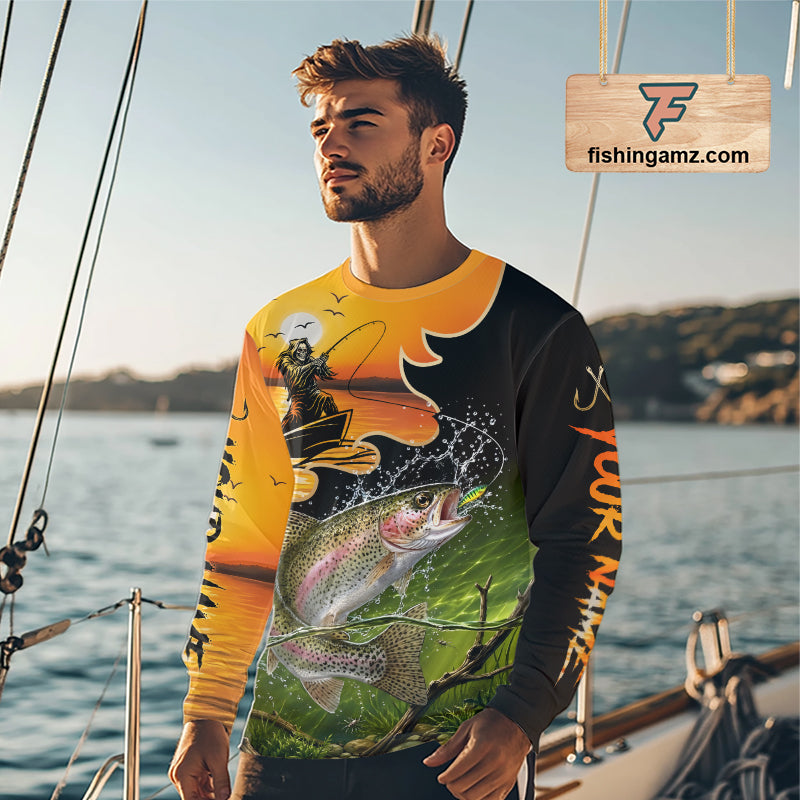 Personalized Fish Reaper Sunset Design Rainbow Trout Fishing Shirts Long Sleeve NBT676