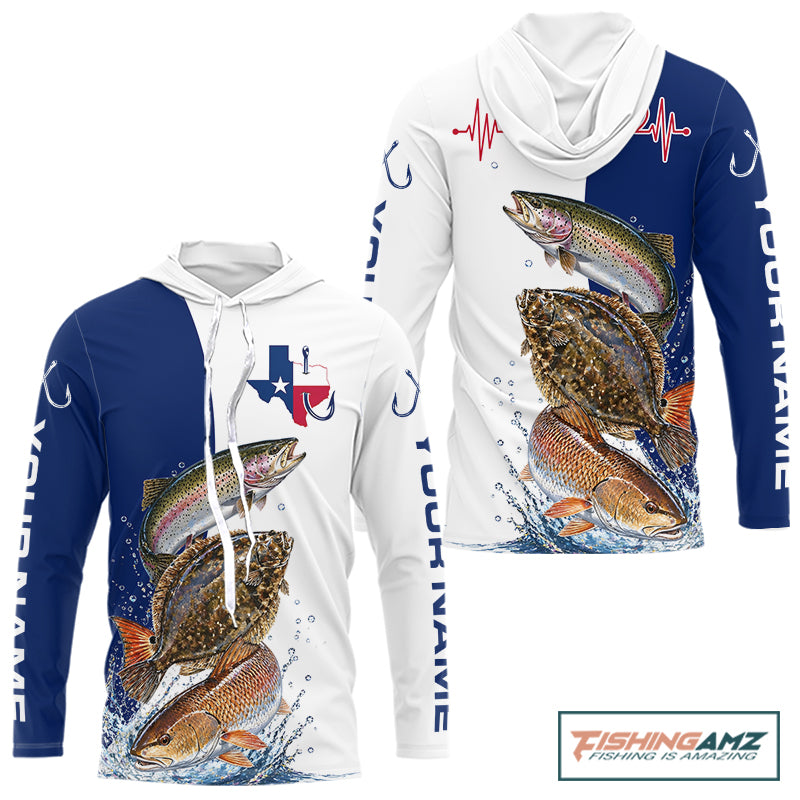 Blue Texas Slam Fishing Custom Performance Team Redfish, Trout, Flounder Long Sleeve Hooded Shirts NBT679
