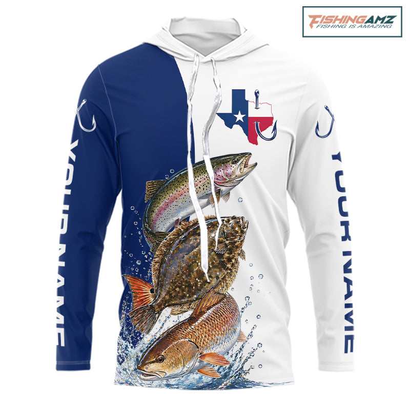 Blue Texas Slam Fishing Custom Performance Team Redfish, Trout, Flounder Long Sleeve Hooded Shirts NBT679