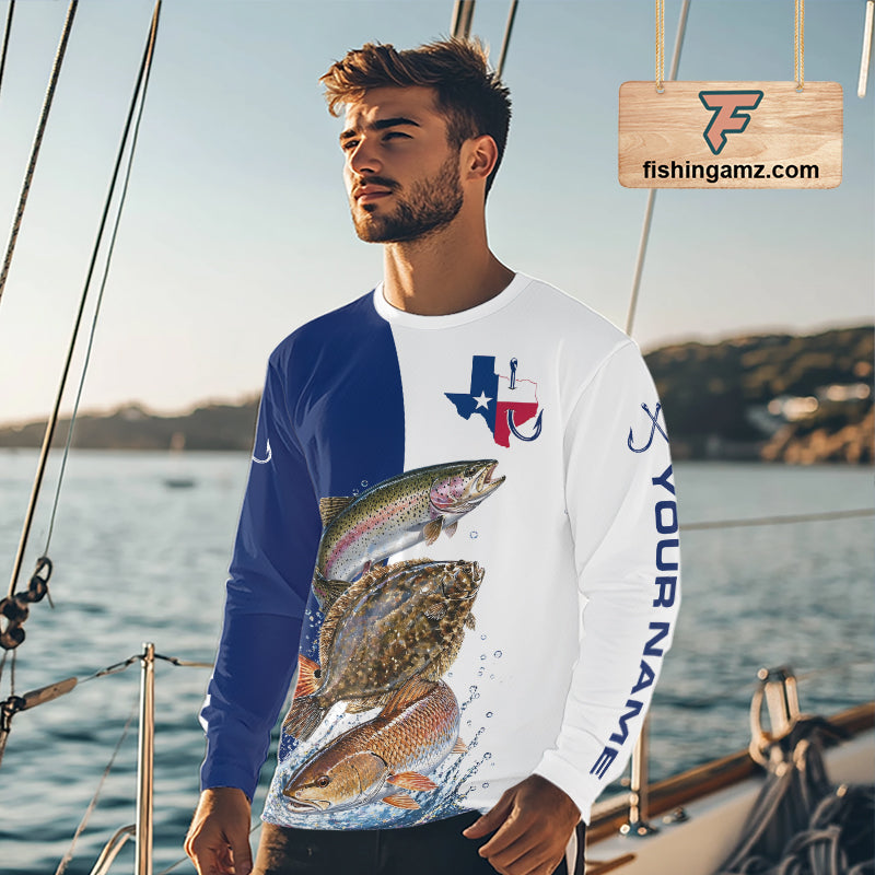Blue Texas Slam Fishing Custom Performance Long Sleeve Team Redfish, Trout, Flounder Fishing Shirts NBT679