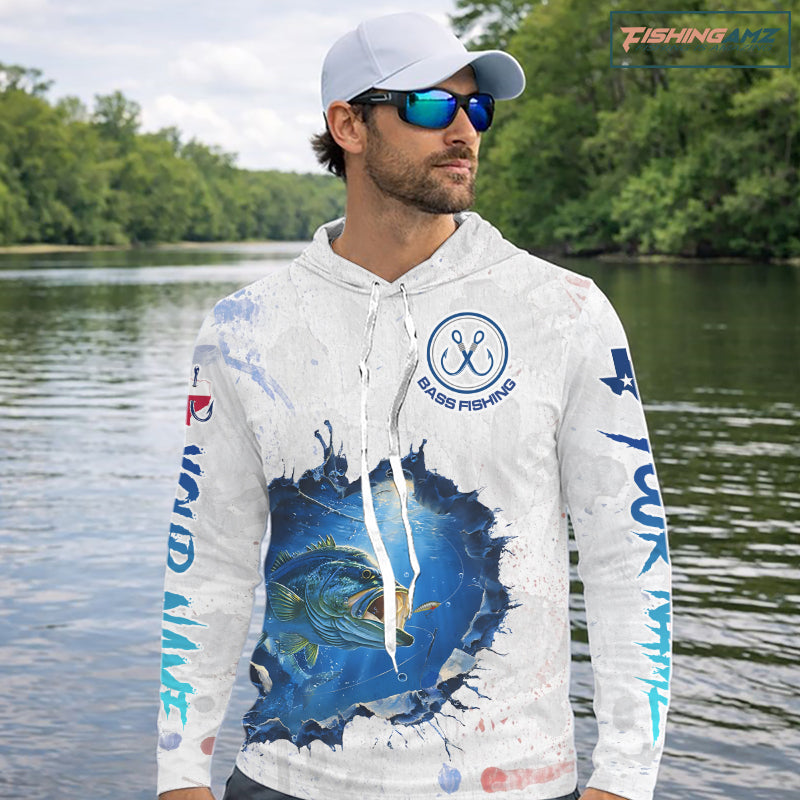 Custom Bass Fishing Tournament Long Sleeve Hooded Shirts, Largemouth Bass Fishing Apparel | White NBT680