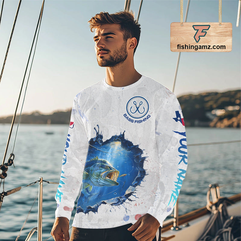 Custom Bass Fishing Long Sleeve Tournament Shirts, Largemouth Bass Fishing Apparel | White NBT680