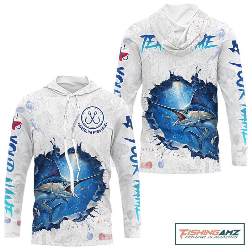 Custom Marlin Fishing Tournament Long Sleeve Hooded Shirts, Marlin Saltwater Fishing Apparel | White NBT681