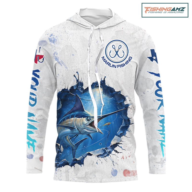 Custom Marlin Fishing Tournament Long Sleeve Hooded Shirts, Marlin Saltwater Fishing Apparel | White NBT681