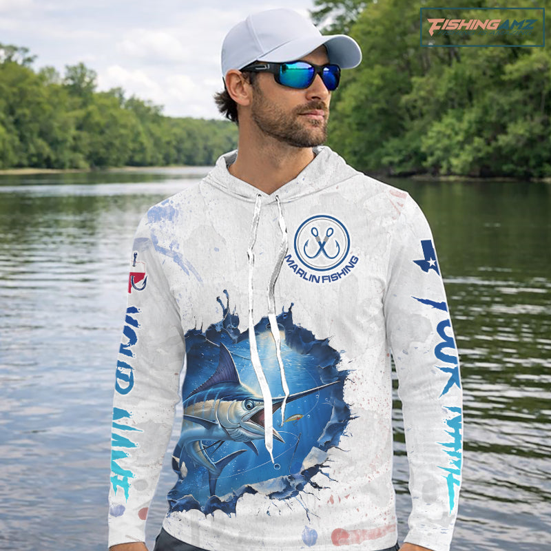 Custom Marlin Fishing Tournament Long Sleeve Hooded Shirts, Marlin Saltwater Fishing Apparel | White NBT681