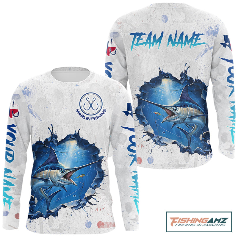 Custom Marlin Fishing Long Sleeve Tournament Shirts, Marlin Saltwater Fishing Apparel | White NBT681