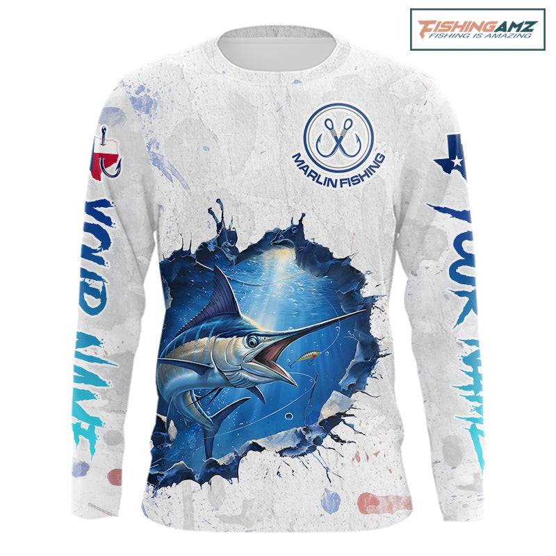 Custom Marlin Fishing Long Sleeve Tournament Shirts, Marlin Saltwater Fishing Apparel | White NBT681