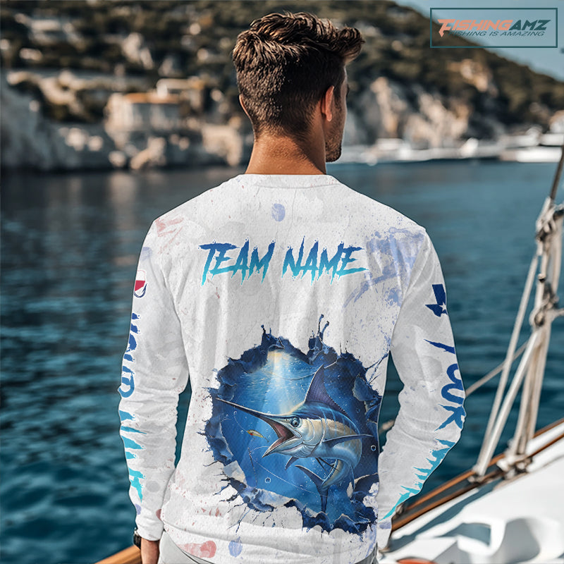 Custom Marlin Fishing Long Sleeve Tournament Shirts, Marlin Saltwater Fishing Apparel | White NBT681