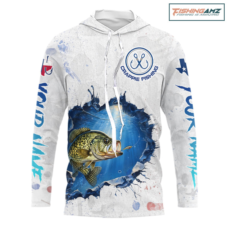 Custom Crappie Fishing Tournament Long Sleeve Hooded Shirts, Crappie Fishing Apparel | White NBT682
