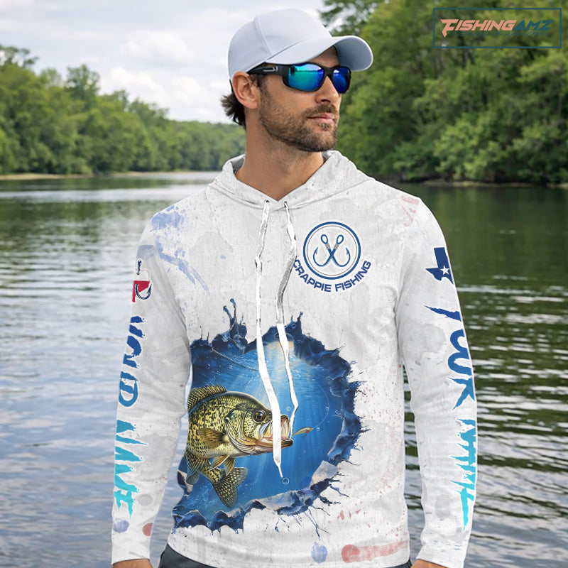 Custom Crappie Fishing Tournament Long Sleeve Hooded Shirts, Crappie Fishing Apparel | White NBT682