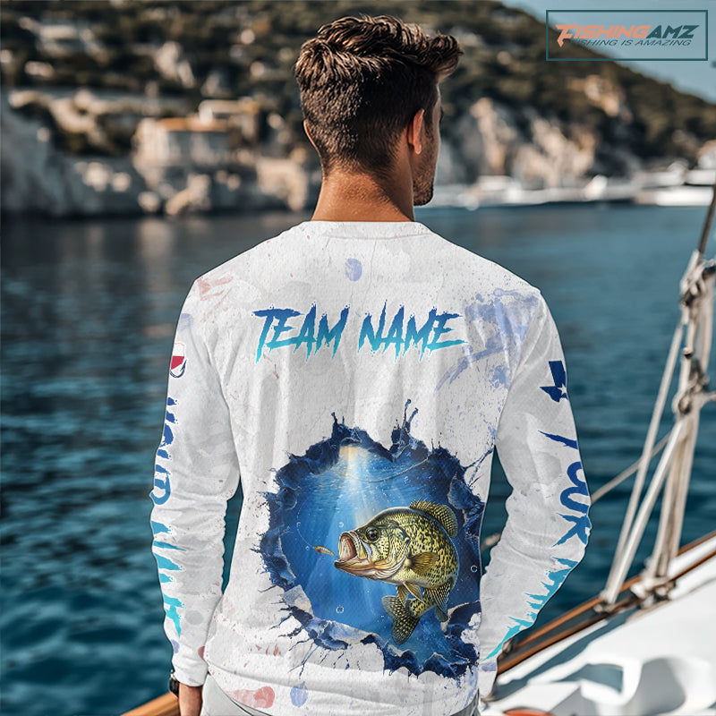 Custom Crappie Fishing Long Sleeve Tournament Shirts, Crappie Fishing Apparel | White NBT682
