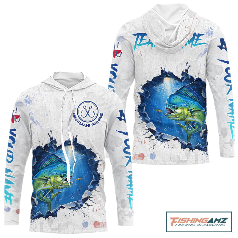 Custom Mahi Mahi Fishing Tournament Long Sleeve Hooded Shirts, Mahi Mahi Saltwater Fishing Apparel | White NBT683