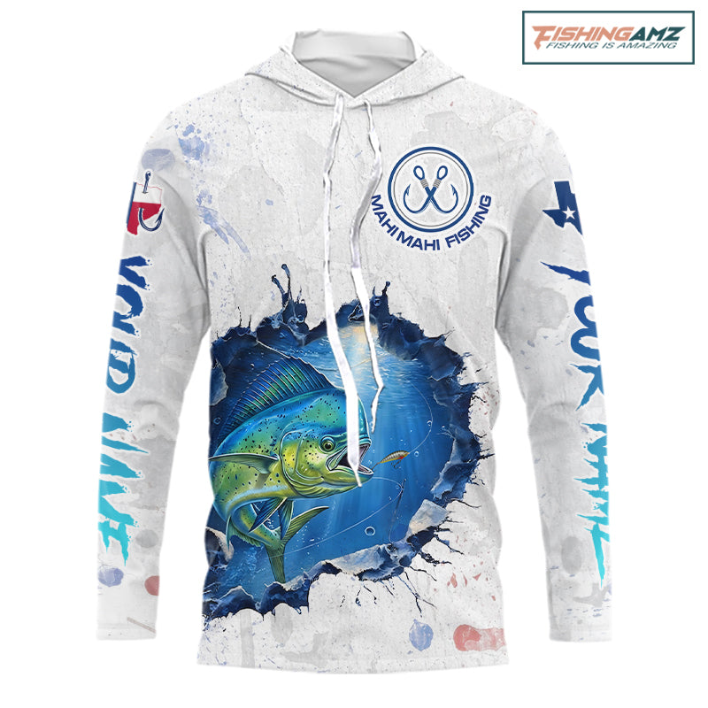 Custom Mahi Mahi Fishing Tournament Long Sleeve Hooded Shirts, Mahi Mahi Saltwater Fishing Apparel | White NBT683