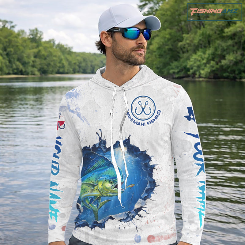 Custom Mahi Mahi Fishing Tournament Long Sleeve Hooded Shirts, Mahi Mahi Saltwater Fishing Apparel | White NBT683