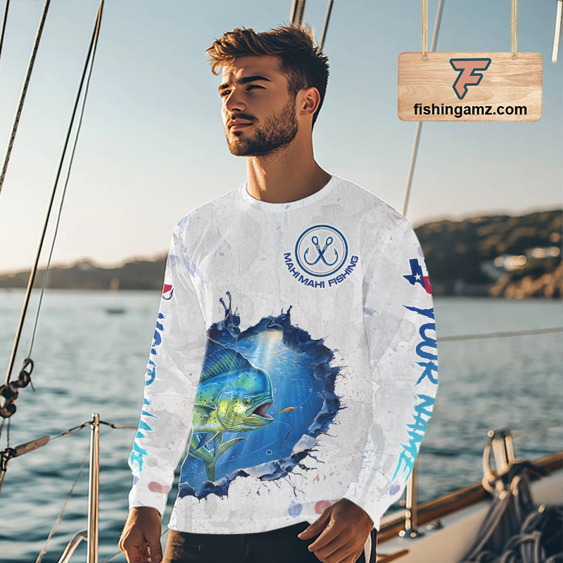 Custom Mahi Mahi Fishing Long Sleeve Tournament Shirts, Mahi Mahi Saltwater Fishing Apparel | White NBT683