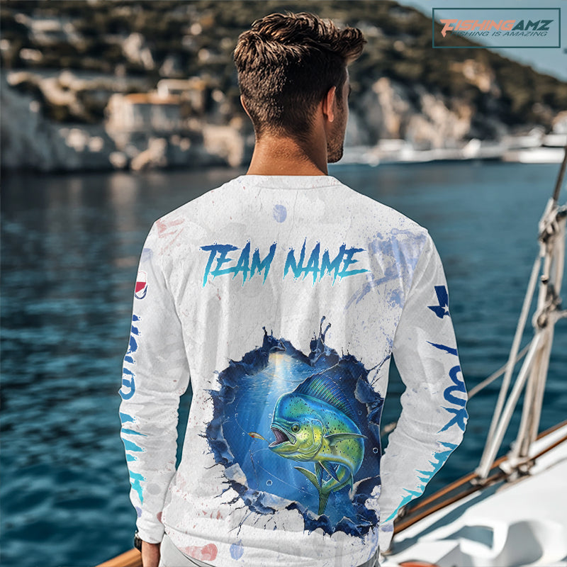 Custom Mahi Mahi Fishing Long Sleeve Tournament Shirts, Mahi Mahi Saltwater Fishing Apparel | White NBT683