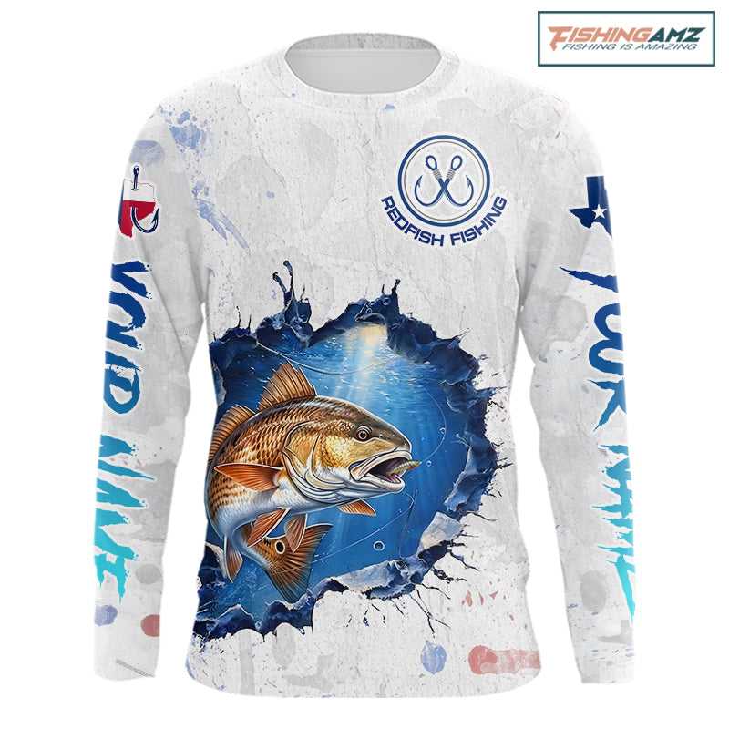 Custom Redfish Fishing Long Sleeve Tournament Shirts, Redfish Saltwater Fishing Apparel | White NBT684