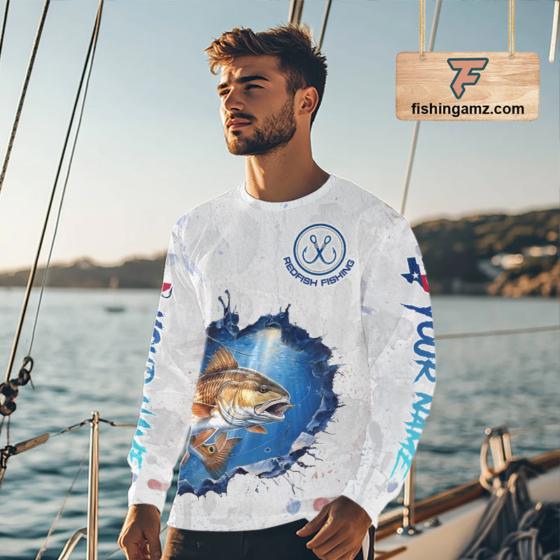 Custom Redfish Fishing Long Sleeve Tournament Shirts, Redfish Saltwater Fishing Apparel | White NBT684