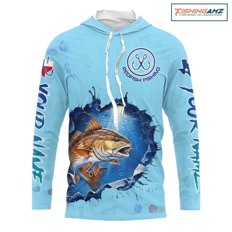 Custom Redfish Fishing Tournament Long Sleeve Hooded Shirts, Redfish Saltwater Fishing Apparel | Blue NBT686
