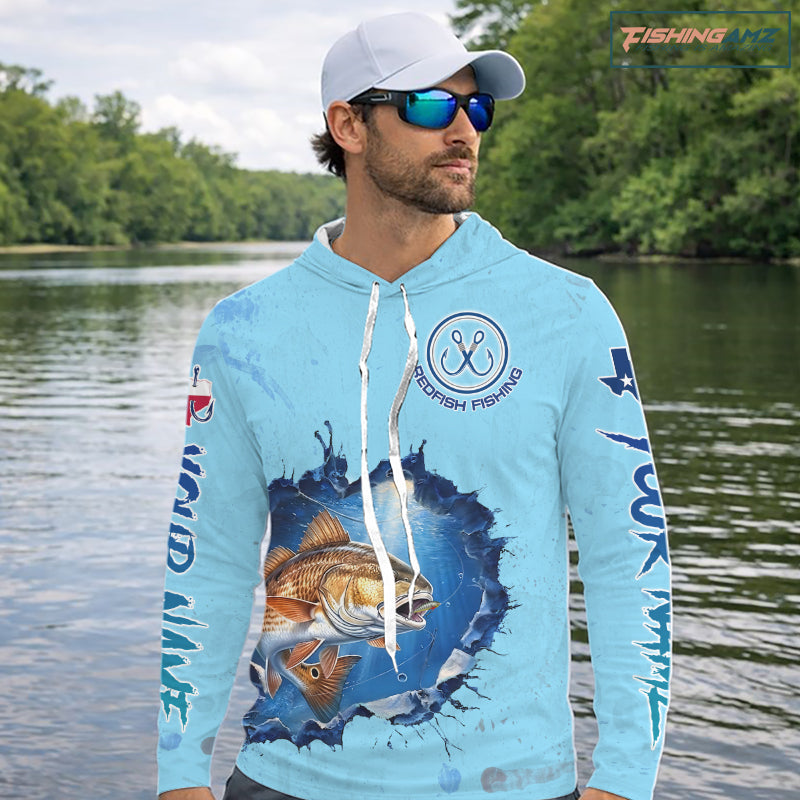 Custom Redfish Fishing Tournament Long Sleeve Hooded Shirts, Redfish Saltwater Fishing Apparel | Blue NBT686