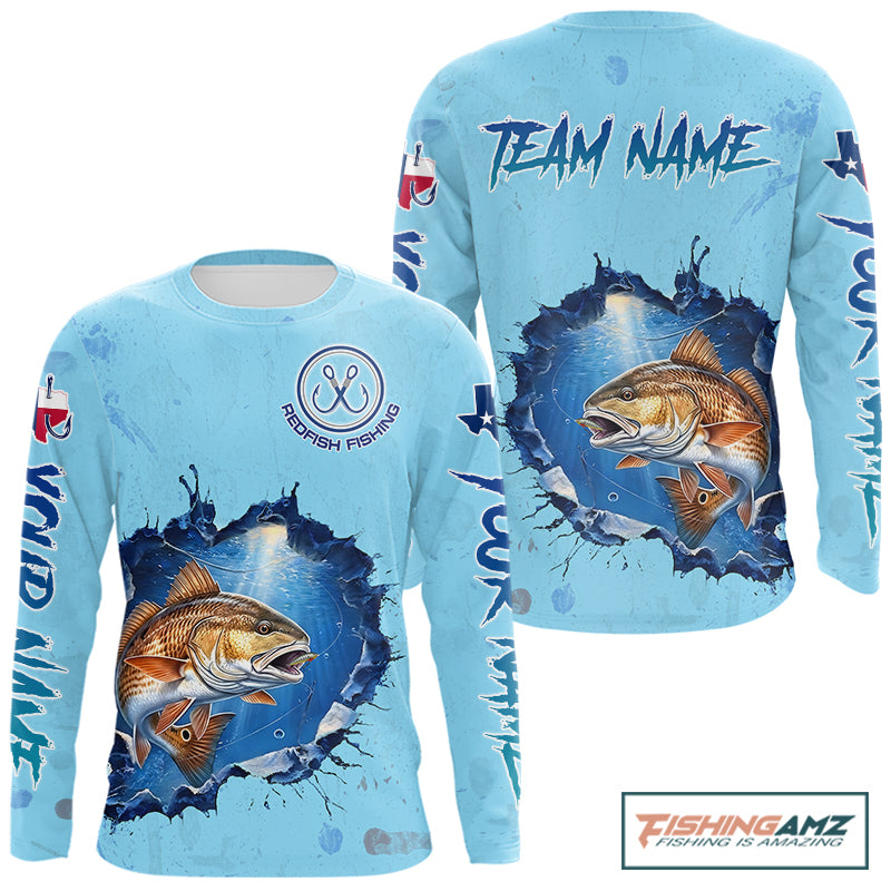 Custom Redfish Fishing Long Sleeve Tournament Shirts, Redfish Saltwater Fishing Apparel | Blue NBT686