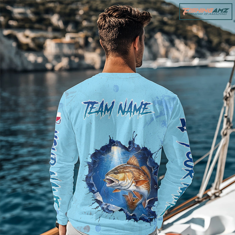 Custom Redfish Fishing Long Sleeve Tournament Shirts, Redfish Saltwater Fishing Apparel | Blue NBT686