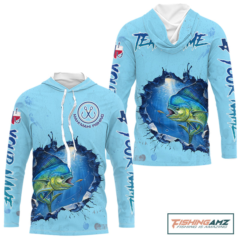 Custom Mahi Mahi Fishing Tournament Long Sleeve Hooded Shirts, Mahi Mahi Saltwater Fishing Apparel | Blue NBT687