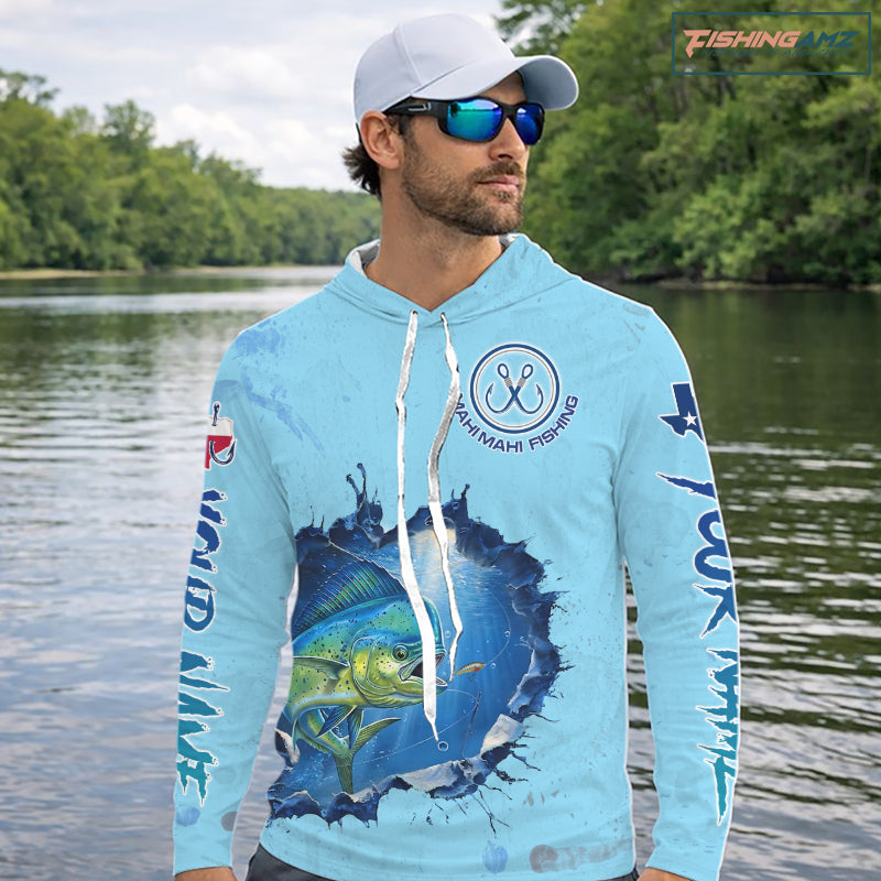 Custom Mahi Mahi Fishing Tournament Long Sleeve Hooded Shirts, Mahi Mahi Saltwater Fishing Apparel | Blue NBT687