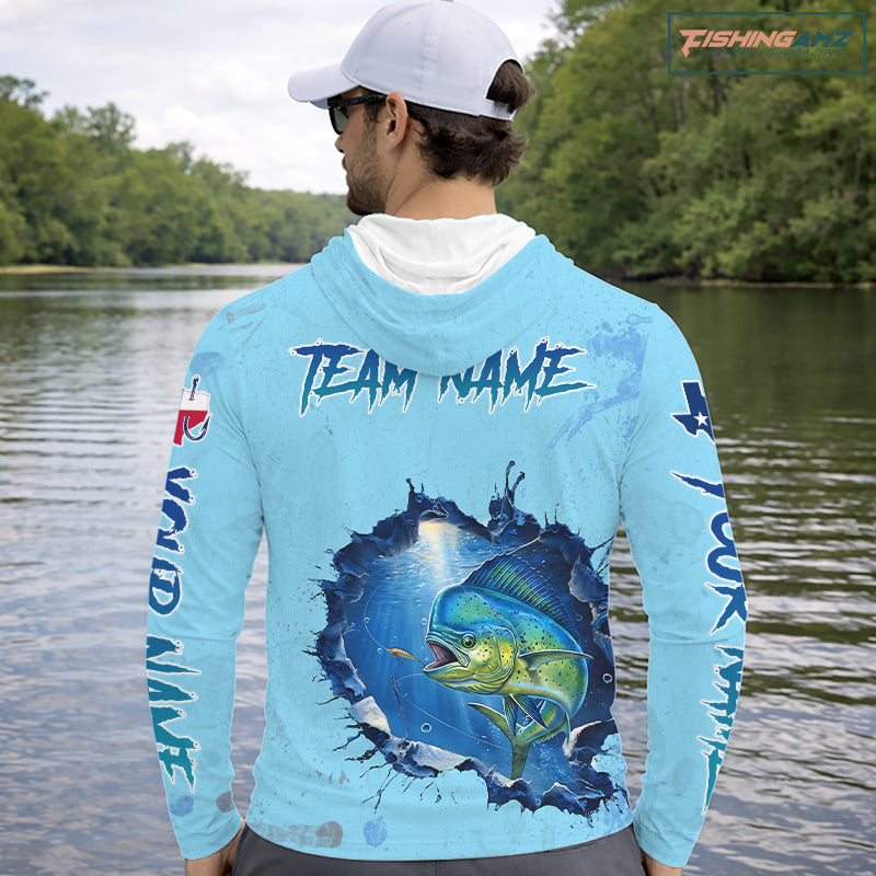 Custom Mahi Mahi Fishing Tournament Long Sleeve Hooded Shirts, Mahi Mahi Saltwater Fishing Apparel | Blue NBT687