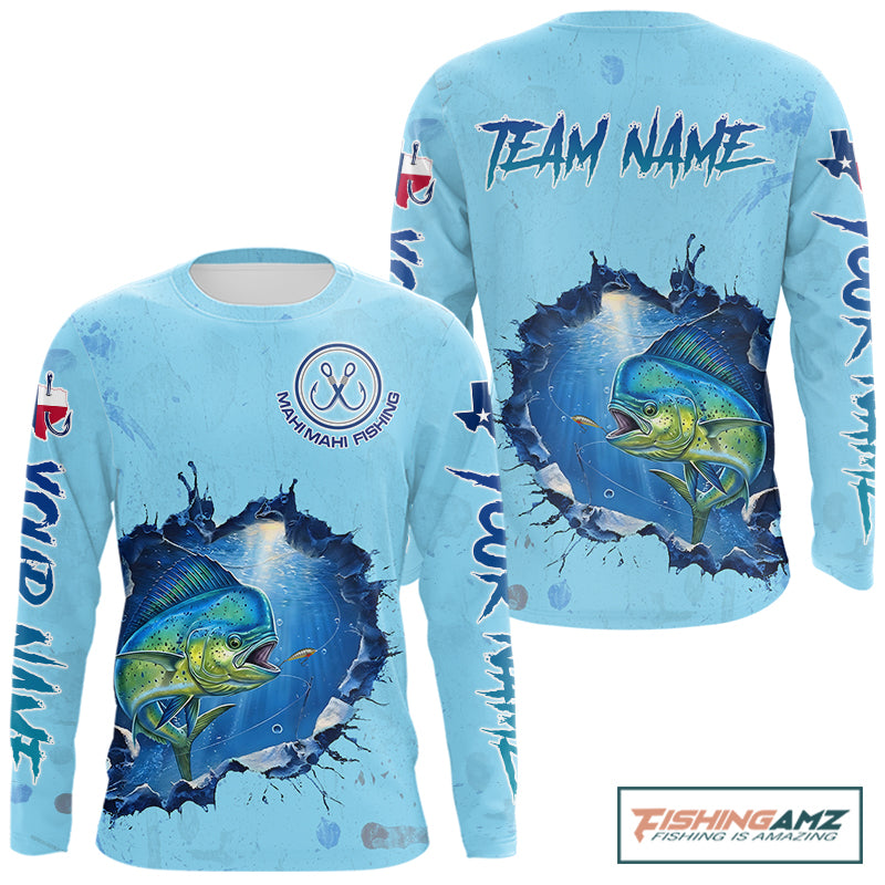 Custom Mahi Mahi Fishing Long Sleeve Tournament Shirts, Mahi Mahi Saltwater Fishing Apparel | Blue NBT687