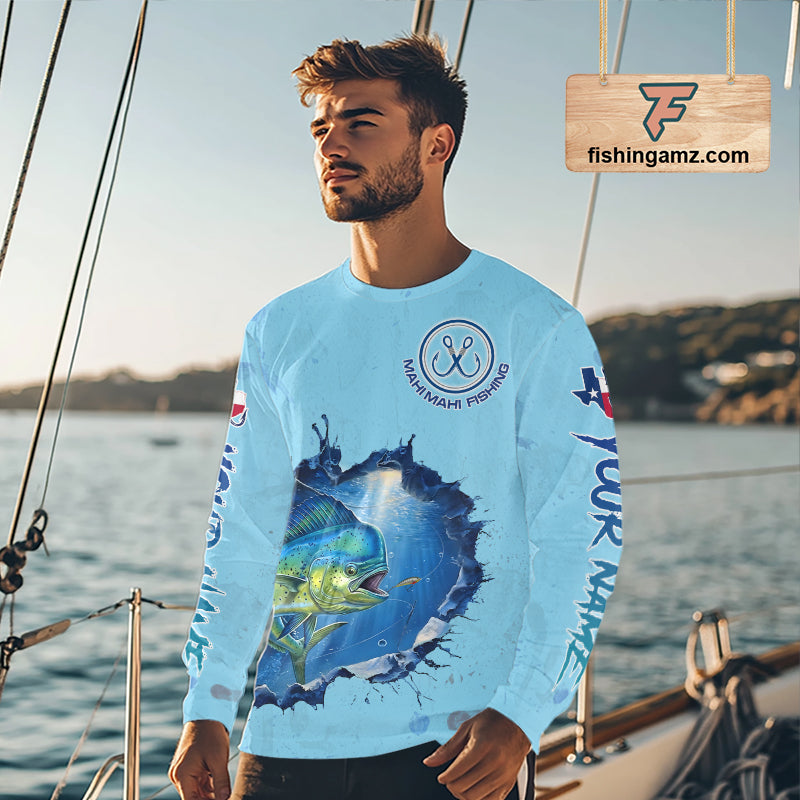 Custom Mahi Mahi Fishing Long Sleeve Tournament Shirts, Mahi Mahi Saltwater Fishing Apparel | Blue NBT687