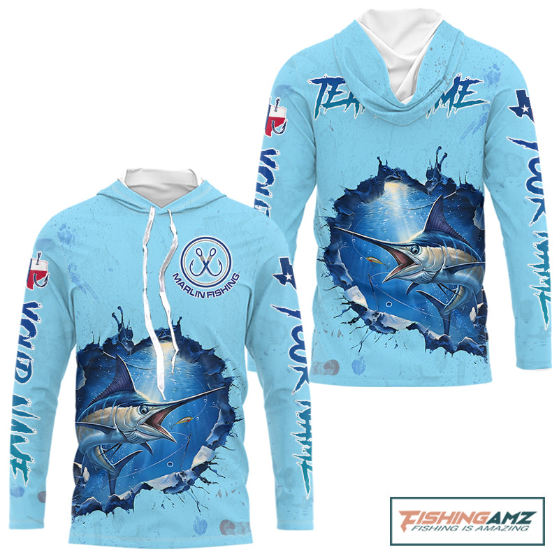 Custom Marlin Fishing Tournament Long Sleeve Hooded Shirts, Marlin Saltwater Fishing Apparel | Blue NBT688