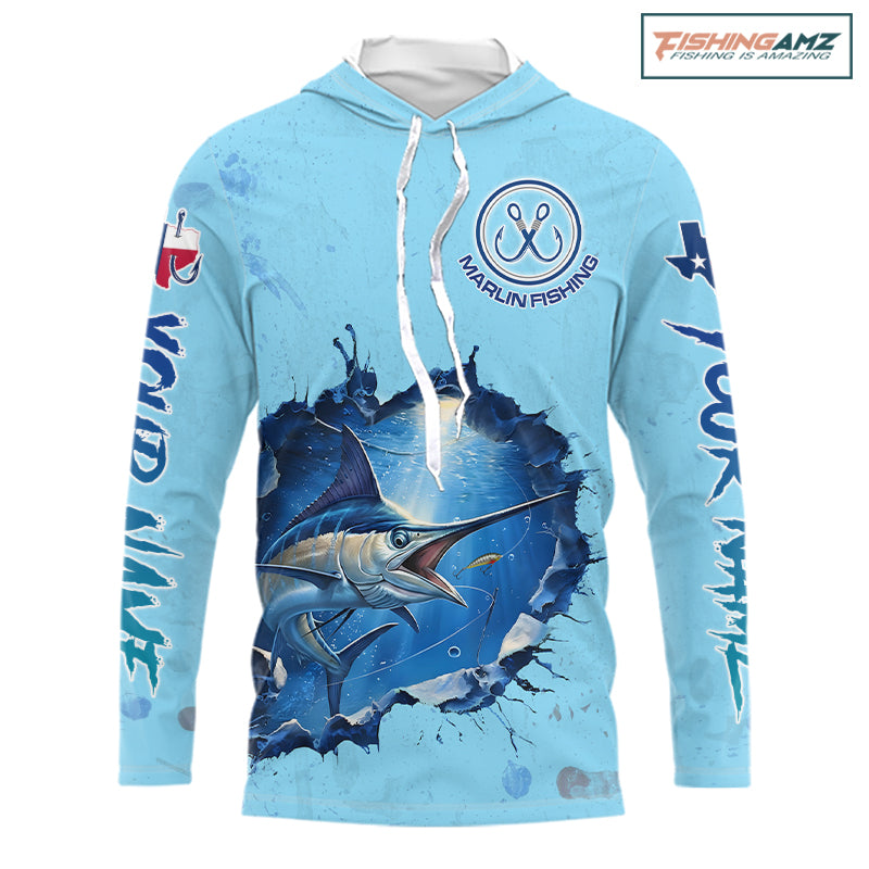 Custom Marlin Fishing Tournament Long Sleeve Hooded Shirts, Marlin Saltwater Fishing Apparel | Blue NBT688