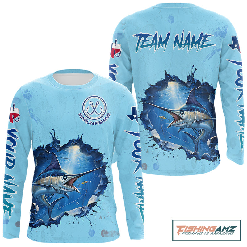 Custom Marlin Fishing Long Sleeve Tournament Shirts, Marlin Saltwater Fishing Apparel | Blue NBT688
